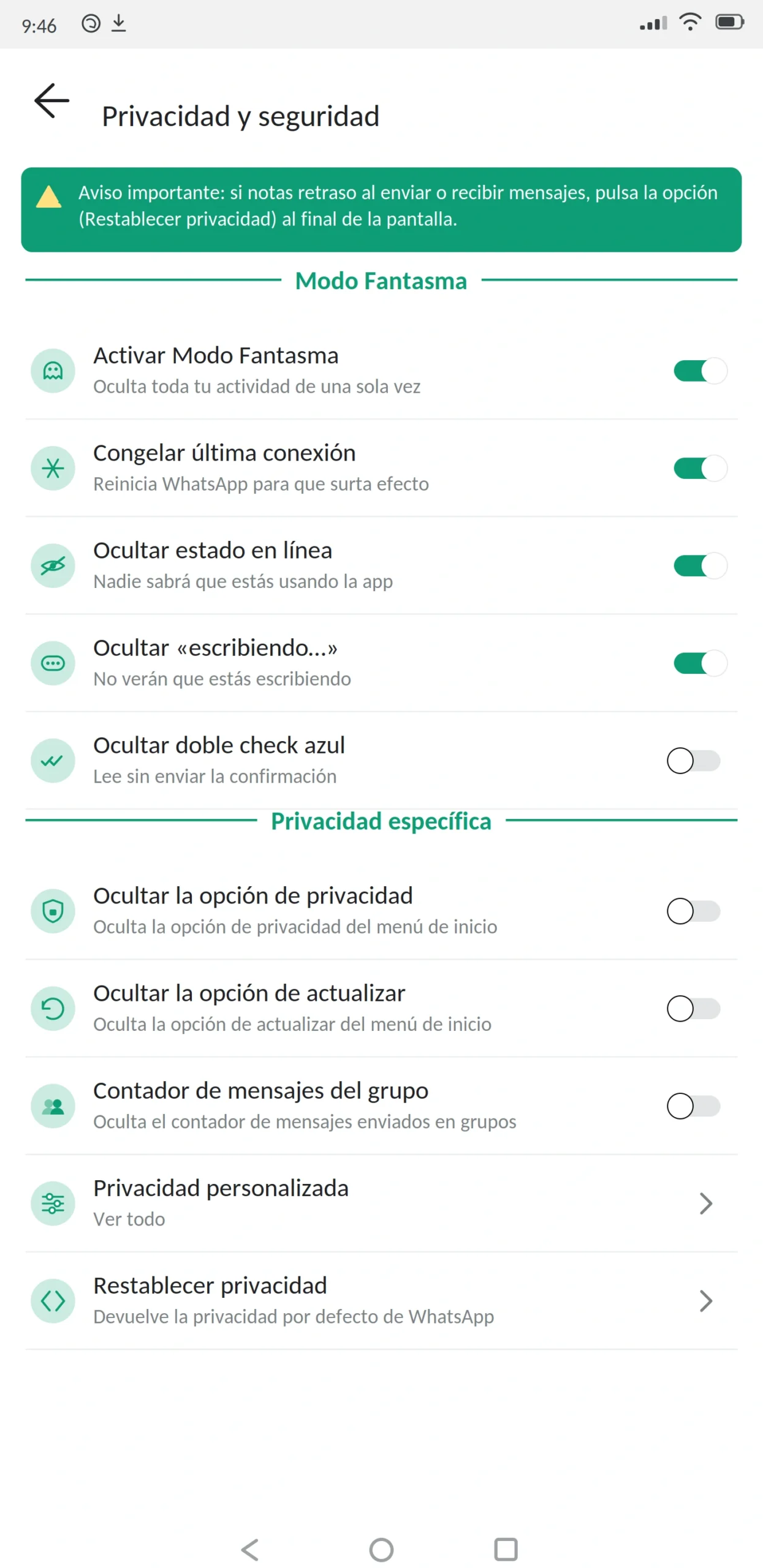 Modo fantasma WhatsApp Plus