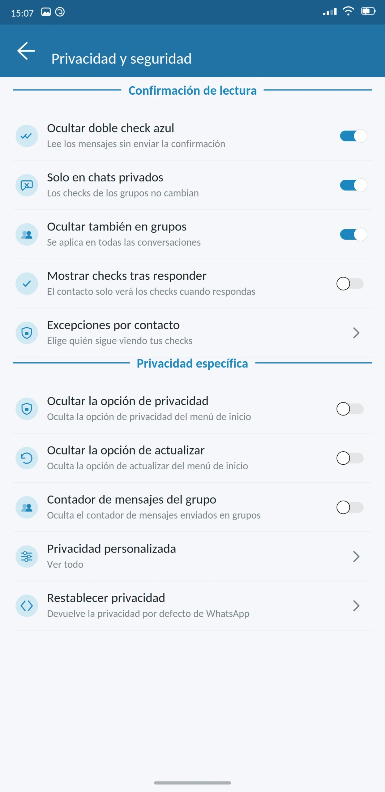 Ocultar doble check azul WhatsApp Plus