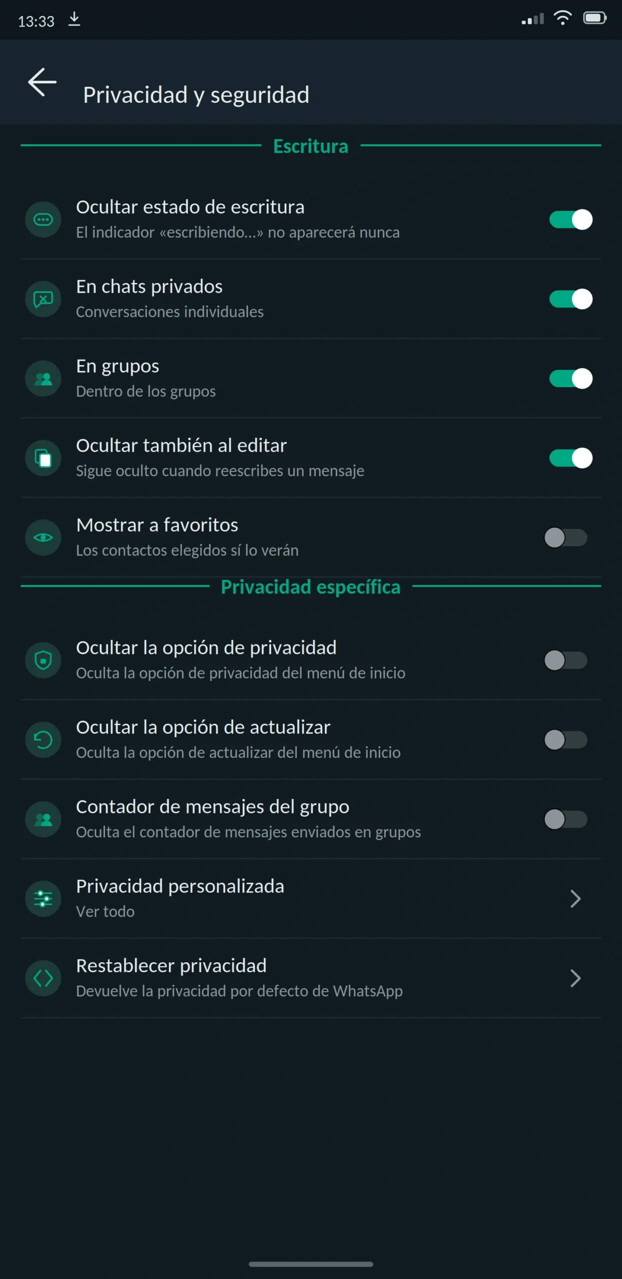 Ocultar estado de escritura WhatsApp Plus
