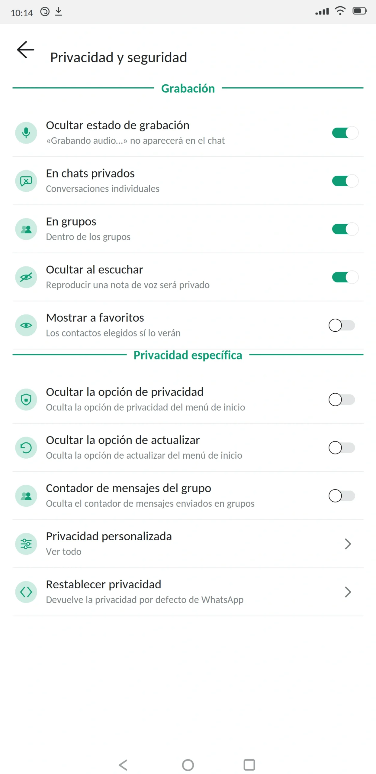 Ocultar estado de grabación WhatsApp Plus