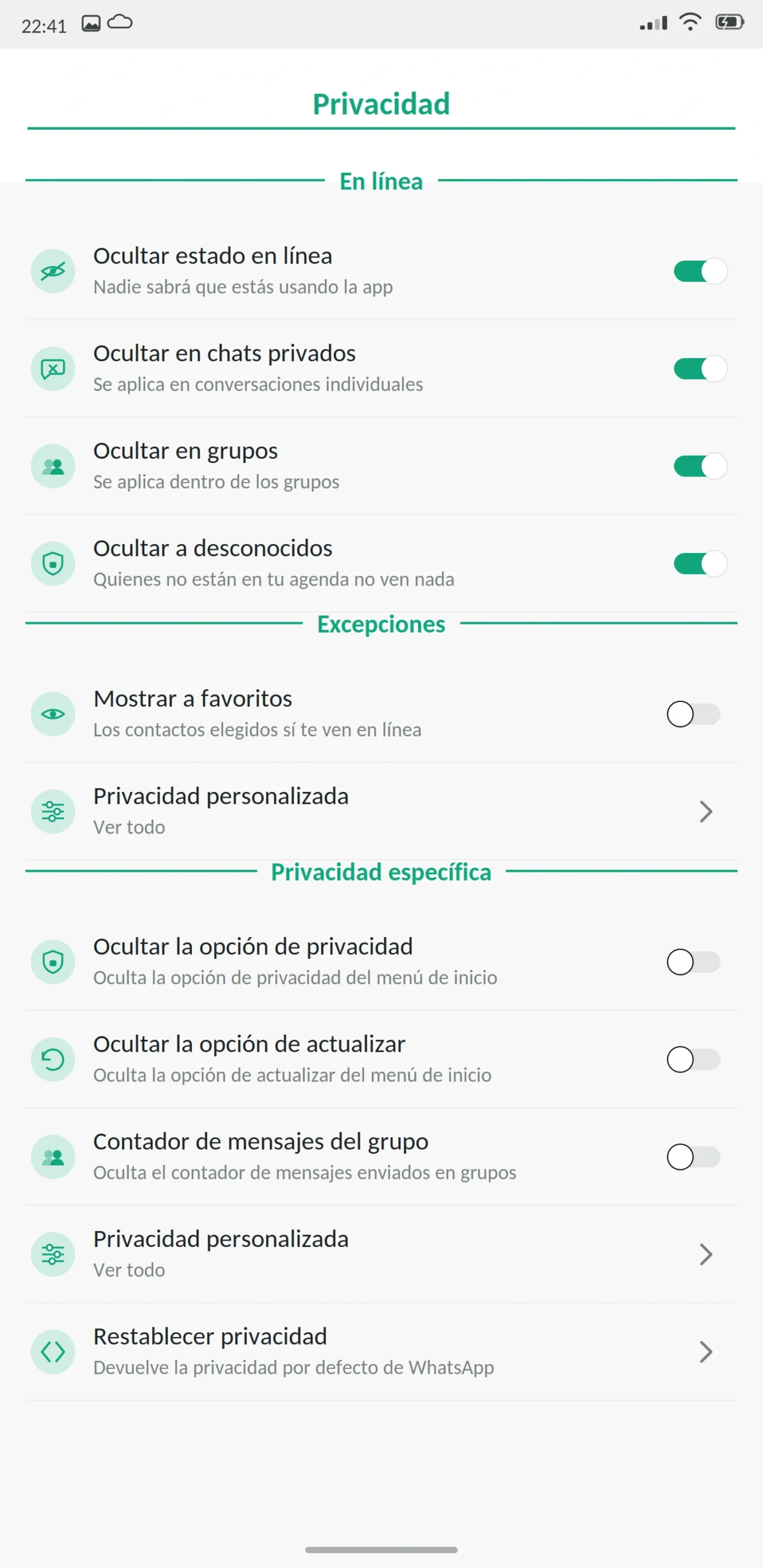Ocultar estado en línea WhatsApp Plus