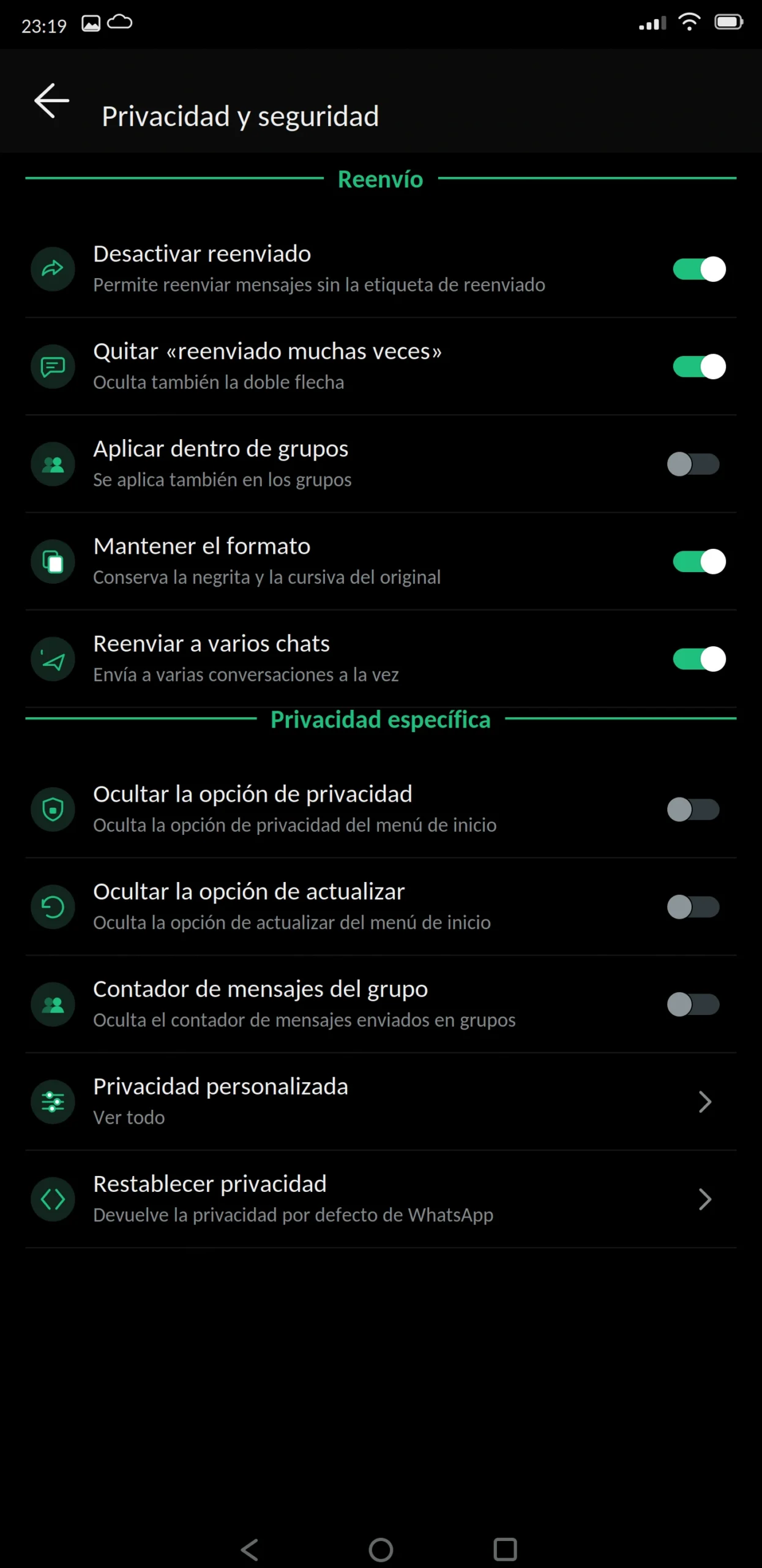 Ocultar etiqueta reenviado WhatsApp Plus