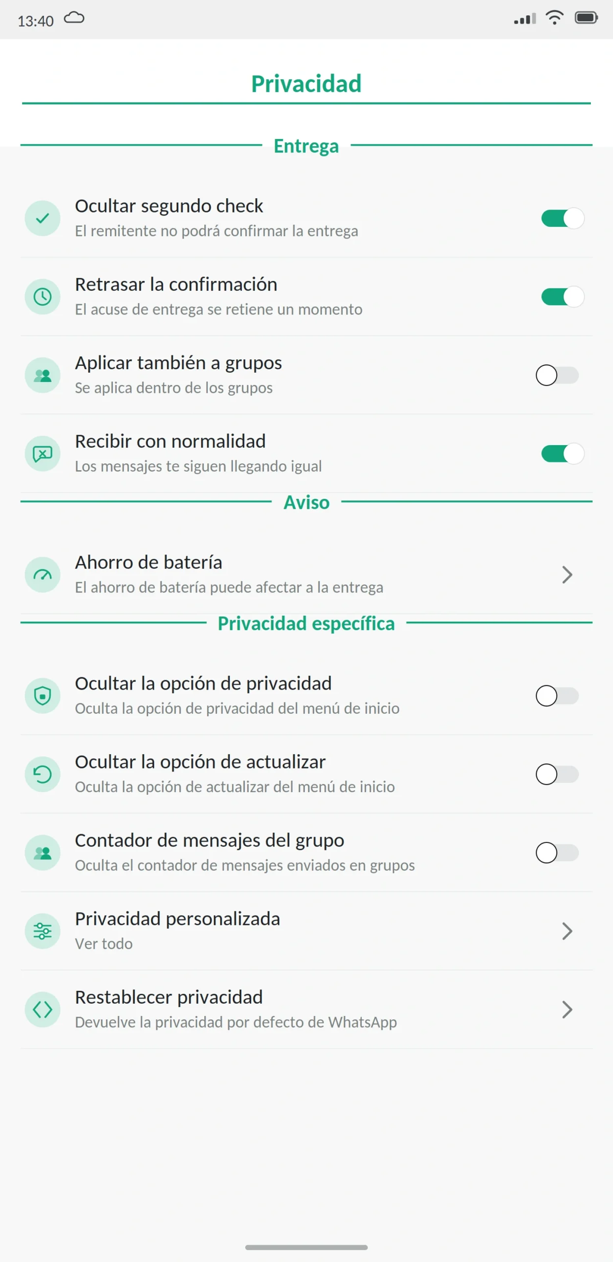 Ocultar segundo check WhatsApp Plus