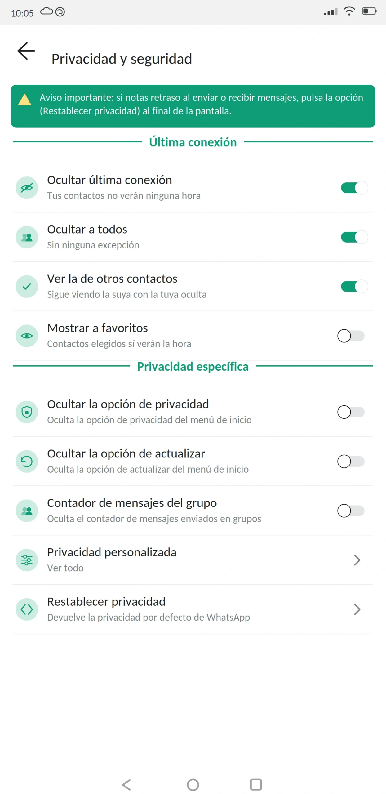 Ocultar última conexión WhatsApp Plus